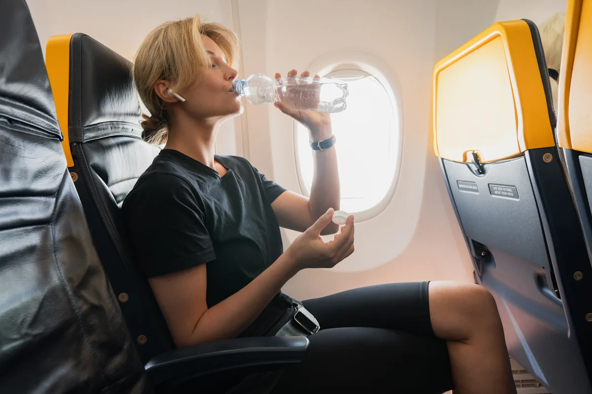Une femme qui boit de l'eau dans un avion