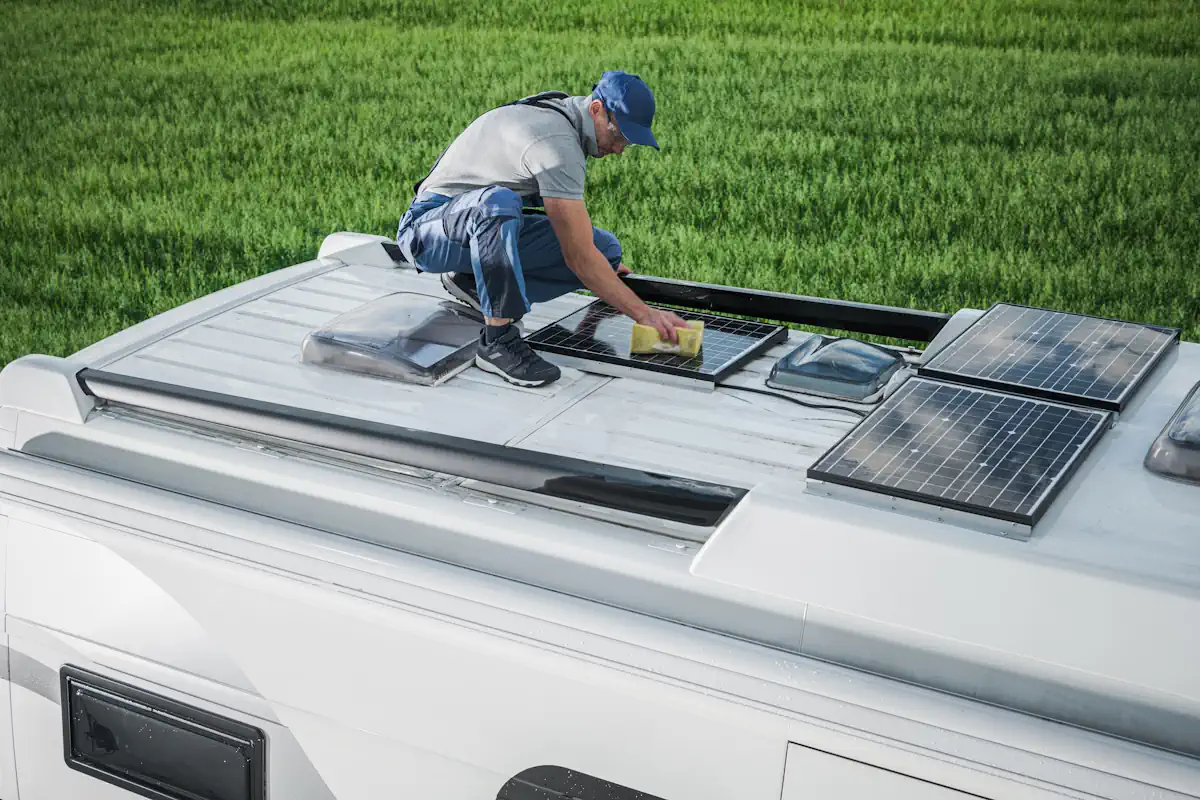Un homme sur un camping car qui installe des panneaux solaires