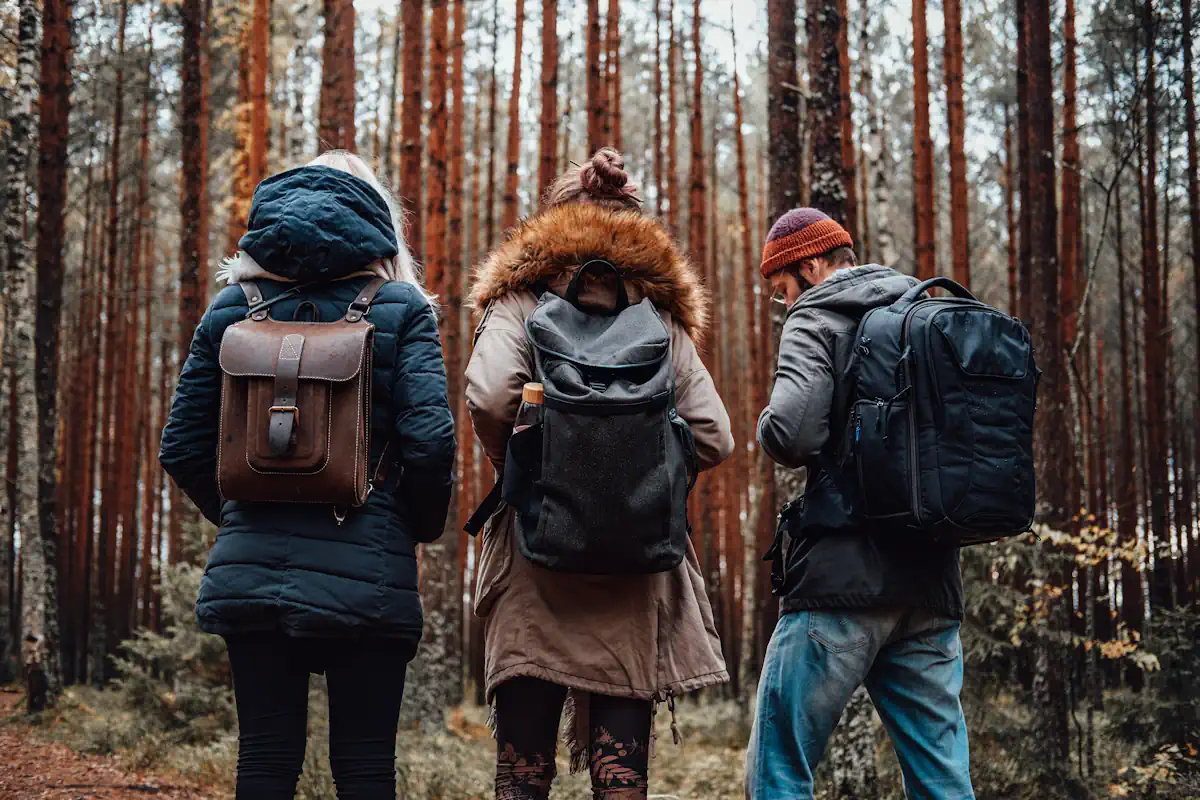 3 jeunes dans une forêt qui portent chacun un sac à dos