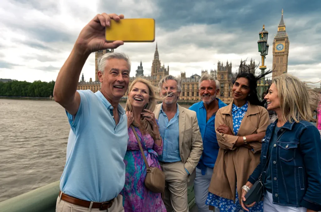 Un groupe de personne qui prend des photos avec big Ben en fond