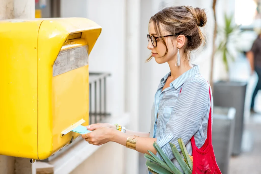 Une femme qui envoie une carte postale depuis l'étranger